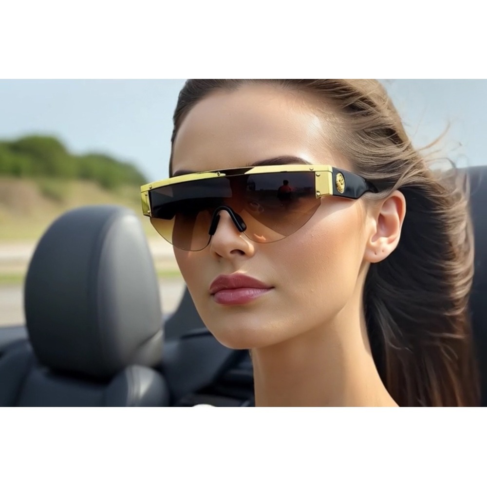 Sunglasses Brown Gradient Lens Fashion Gold Rimles Shades Wrap Around Oversized